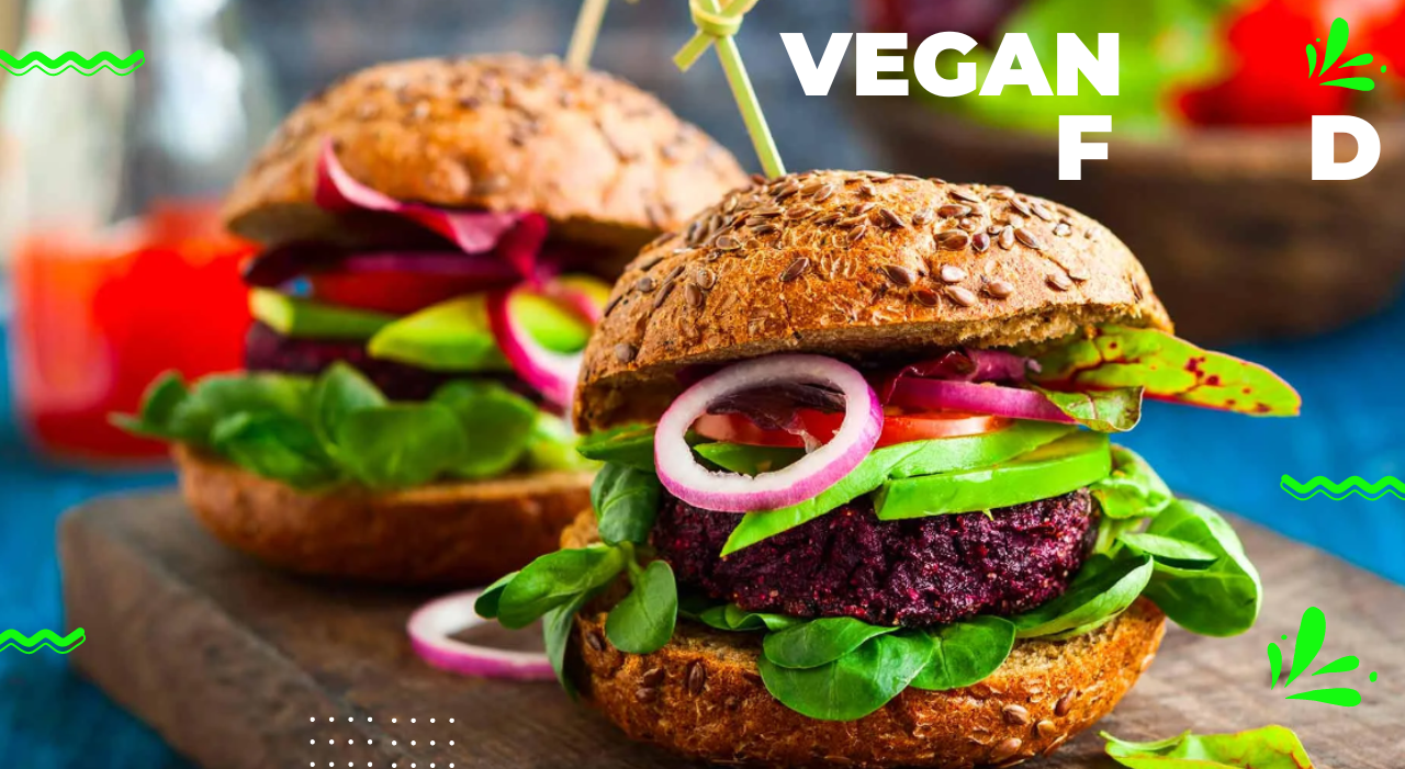 a hearty vegan hamburger sandwich with vegetables green leaves. It also brings the title 'vegan food'.