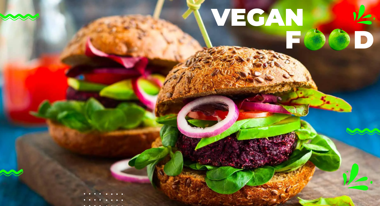 a hearty vegan hamburger sandwich with vegetables green leaves. It also brings the title 'vegan food'.