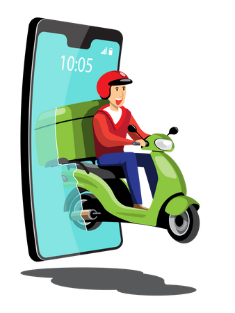 a delivery man on a green motorcycle.